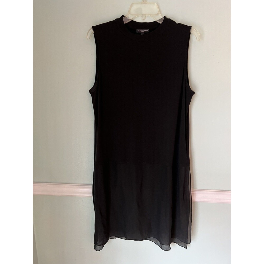 Eileen Fisher Black Mock Neck Tunic Tank Top Sheer Bottom Panel Women Size Lp